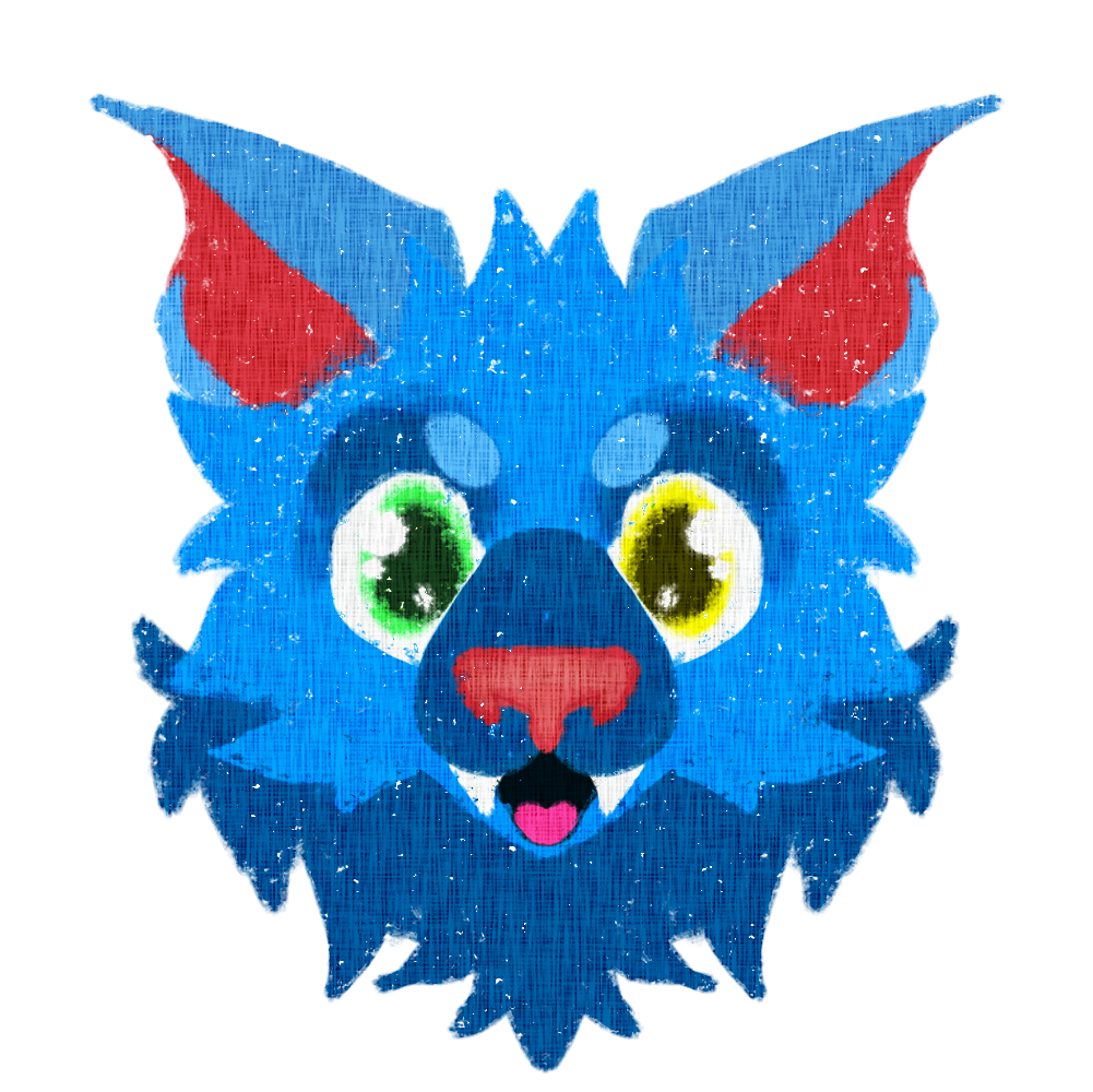 a fursuit head. It has a blue dog with a pink nose. The eyes are large and one is green one is yellow. The fur is textured and appears to be made of a fabric material.